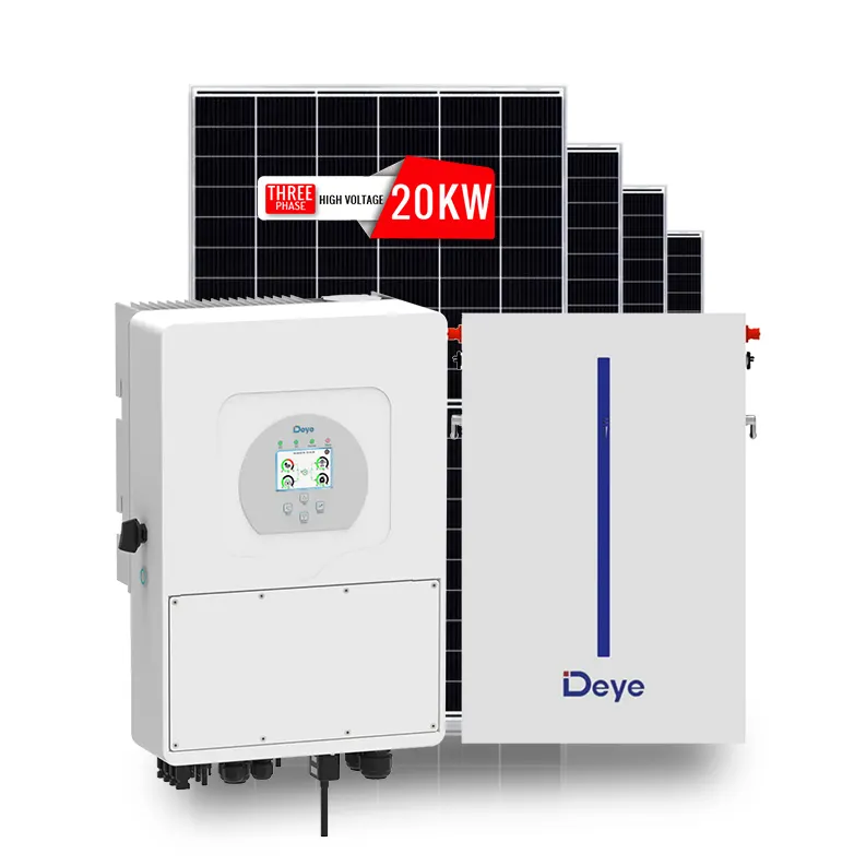 Generator tenaga surya hibrida, pembangkit listrik tenaga surya hibrida untuk rumah, SUN-20K-SG01HP3-EU-AM2 on off dengan RW-M6.1, baterai deye 5kW 10KW 15kW 20kW
