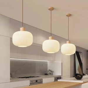 Lustre nordique cuisine îlot luminaire <span class=keywords><strong>bois</strong></span> lumière blanc verre nervuré E27 <span class=keywords><strong>Suspension</strong></span> pour chambre salle à manger - Product Image 3