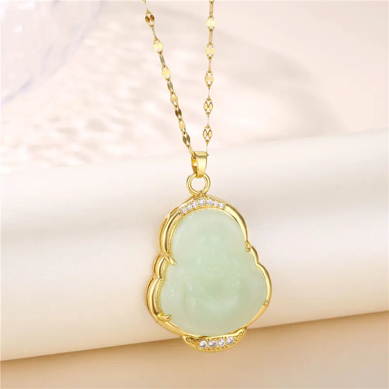 Dainty Jewelry 18k Gold Gourd Shape Green Jade Buddha Necklace Stainless Steel Natural Jade Maitreya Pendant Necklace