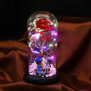 Artificial Valentine's Day Gifts Forever flowers Rose Led Lamp 24k Gold Foil Rose in Glass Dome Decorative Flowers With lights