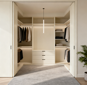 Modern Minimalist Custom Walk-In Closet with LED Lighting and Drawer Units for Luxury Bedroom <b>Storage</b> Solutions L Shape <b>Wardrobe</b> - Product Image 1
