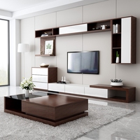 Ensemble TV multifonctionnel moderne en bois pour salon avec support extensible, étagères murales, armoire latérale et table basse