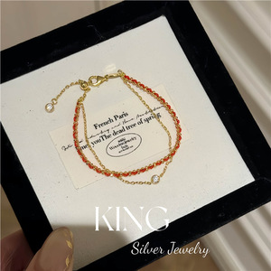 Pulsera de cuentas rojas de doble capa King Silver Jewelry, plata de ley 925 chapada en oro, estilo geométrico para uso diario de mujer - Product Image 1