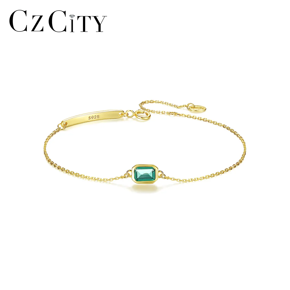 CZCITY Emerald Green 18K Gold Plated Chain Link 925 Silver Gemstone Crystal Adjustable Charm Bracelet