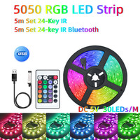 Bande LED RGB 5050 avec télécommande, alimentation USB 5V, 30 LED/m, IP20, télécommande 24 touches pour éclairage d'ambiance TV