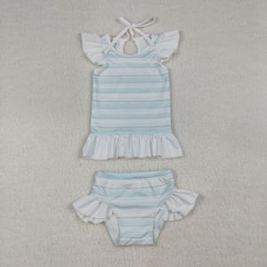 Traje de Baño de 2 Piezas para Bebés Niñas, Diseño Casual con Rayas, 95% Algodón, 5% Elastano, Transpirable, para Primavera y Otoño, Venta al Por Mayor - Product Image 3