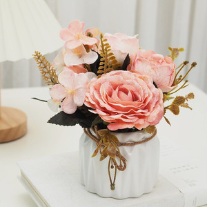 Fall Tone Mauve Artificial Rose Potted Plant With Bow <b>Ceramic</b> <b>Pot</b> Geometric Decor Ornament For Home Table Display - Product Image 4