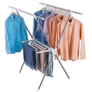 BAOYOUNI כפול מוט מתקפל בגדים מתלה X בצורת מתכוונן כביסה Stand ייבוש מדף מתקפל בגד מגבת אחסון מדף