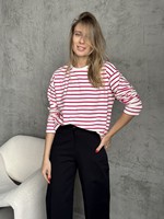 T-shirt pour femme en coton 100% à manches longues, col rond, tricoté, doux, de haute qualité, rayé, décontracté, à épaules tombantes