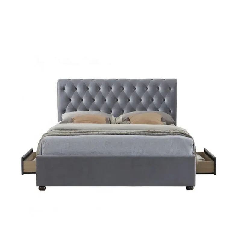 Classic chesterfield button tufted fabric upholstered high headboard wall mounted king bed frame with drawer