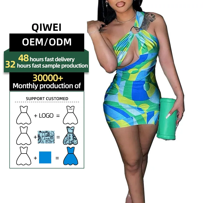 ODM/OEMファッション幾何学模様の女性のドレス2024年夏クラブ非対称カットアウトワンショルダーボディコンミニドレス