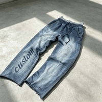 Pantalon de survêtement streetwear personnalisé pour homme, en coton épais, coupe ample à jambe large, à ourlet brut, effet usé et délavé