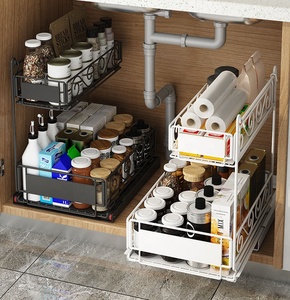 Organizzatore Sottolavello in Ferro Verniciato a 2 Livelli a Forma di L con Ripiano Estraibile per Bagno e Cucina - Product Image 1