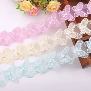 Organza perles papillon 3d fleur broderie dentelle garniture pour vêtement robe