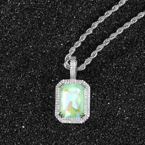 Collier Bling Bling inspiré du hip-hop, plaqué argent, avec zircon cubique rose vif taille émeraude et halo pavé, très attrayant - Product Image 5