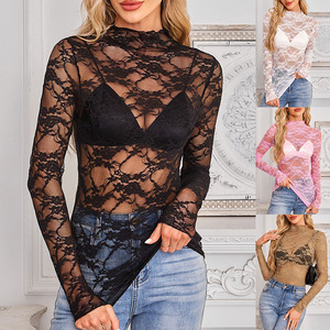 Hot <span class=keywords><strong>Sale</strong></span> Sheer Mesh Top Frauen Spitze getrimmt Slim <span class=keywords><strong>Fit</strong></span> Sexy Chic Layer ing Tee Basic Langarm T-Shirt - Product Image 1