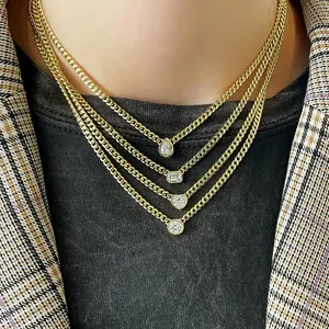 925 Sterling-Silber-Schmuck 14K Gold plattiert Bezel Herz Reiß Zirkon Anhänger Mauer kubanische Gliederkette Halskette für Damen