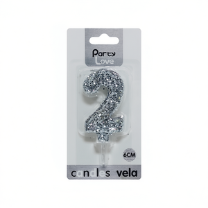 Vela con Número 2 Plateada con Purpurina para Fiestas, 6 cm, Decoración para Pastel de Cumpleaños - Product Image 1
