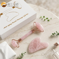 Set Roller Gua Sha Kristal Mawar Kuarsa Pemutih Wajah Harga Pabrik Jiwan Lejia dengan Batu Berbentuk Hati Merah Muda