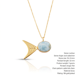 Pendentif poisson en larimar naturel, bijoux personnalisés, laiton massif plaqué or 18 carats, chaîne en câble, cabochon ovale, pierre précieuse, pour femmes - Product Image 1