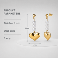 Boucles d'oreilles pendantes en acier inoxydable avec breloque cœur en perle et triple perle coquillage 36mm, bijoux de mode pour femme