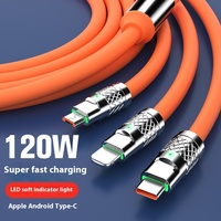Câble 3-en-1 de charge super rapide 120W, un à trois type-c avec blindage de tresse et veste en TPE pour écouteurs d'appareils, en stock