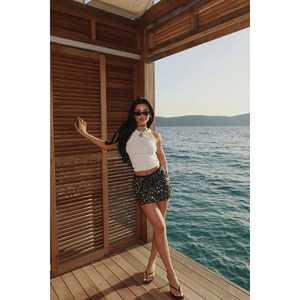 Mini Tie-Up <b>Pencil</b> <b>Skirt</b> in <b>Grey</b> Satin and Chiffon Winter Floral Print XS Size Ruched Ruffled Decoration Spandex Material - Product Image 2