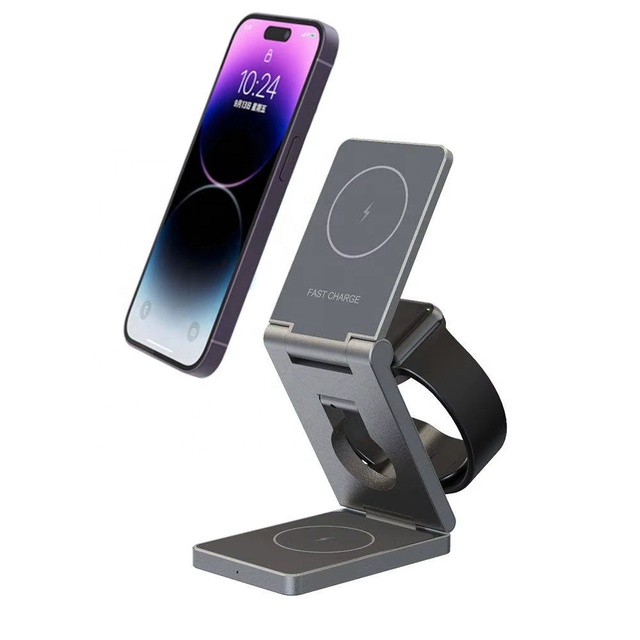 Factory Custom Portable Aluminium Alloy Metal Magnetic 3-in-1 Wireless Charging Stand Foldable Design for Mobile Charger Adapter