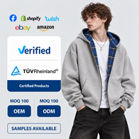 Blouson à capuche réversible pour homme, motif écossais, fermeture éclair, sweat-shirt, prix usine OEM ODM, vente en gros, surdimensionné, gris, vêtement d'extérieur
