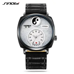 SINOBI de estilo chino de los hombres Taiji imágenes Dial banda de cuero suave doble los movimientos de relojes de cuarzo S9772G