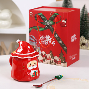Christmas Ceramic <b>Mug</b> Set With Santa Hat Lid And <b>Tree</b> Spoon Gift Boxed - Product Image 4