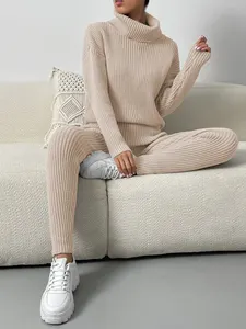 New Winter Women Turtleneck Rib Sweater And Knit With Long Pants 2 Piece Sweater Set For Women