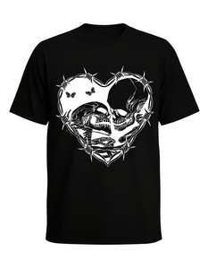 T-Shirt Unisex con Stampa Teschio e Cuore, Nero e Bianco, Stile Semplice, Manica Corta, Collo Tondo, Vestibilità Regolare, 100% Cotone, Lavabile in Lavatrice - Product Image 1