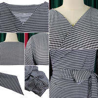 Chemisier élégant à carreaux pour femme D3319 de haute qualité, col en V, manches bouffantes, grand nœud et laçage