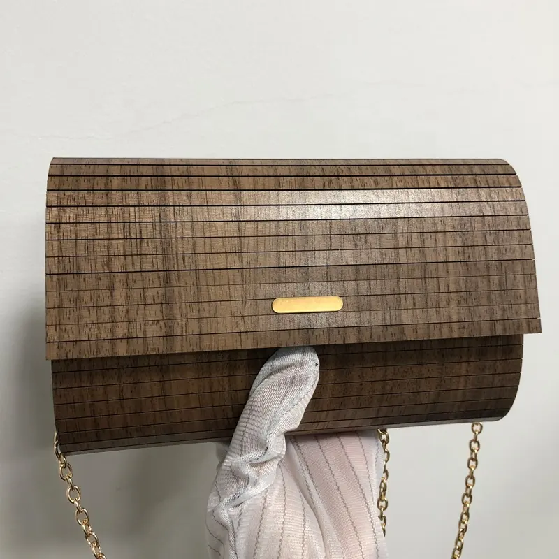 Creative Oval Shape Women's Vintage Crossbody Shoulder Bag Minimalist Chain Purse Handle Clutch Handmade Wooden Handbag