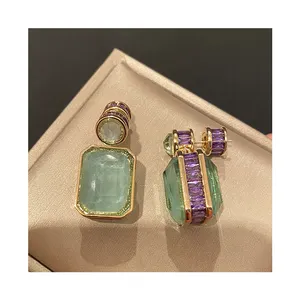Boucles d'oreilles rondes en Jade vert pierre pour femme, accessoires de luxe légères, vert, Micro-incrusté de diamants violets, zircone cubique, style rétro