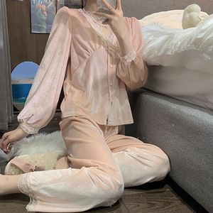 Indumenti da notte da donna stile <span class=keywords><strong>palazzo</strong></span> stile retrò in velluto oro francese nuovi <span class=keywords><strong>pantaloni</strong></span> lunghi biancheria da notte donna autunno abbigliamento per la casa Set - Product Image 4
