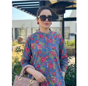 Conjunto de Kurta y Pantalón con Estampado Floral Azul para Mujer, Cierre de Botones, Sin Arrugas, Secado Rápido, Estilo Étnico, Casual, Festivo - Product Image 3