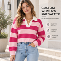 Pull en tricot rayé personnalisé pour femme, col contrastant, col en V, manches longues, pull court pour tenues décontractées quotidiennes