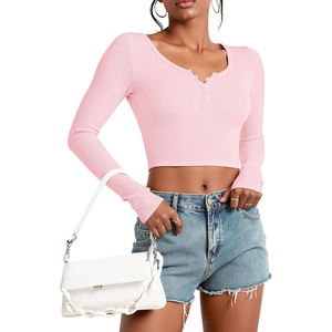 Women's Summer Loose Fit Half Sleeve Cropped <b>Henley</b> T-<b>Shirt</b> 100% Cotton Breathable OEM ODM Supplier Custom Color Logo High - Product Image 5