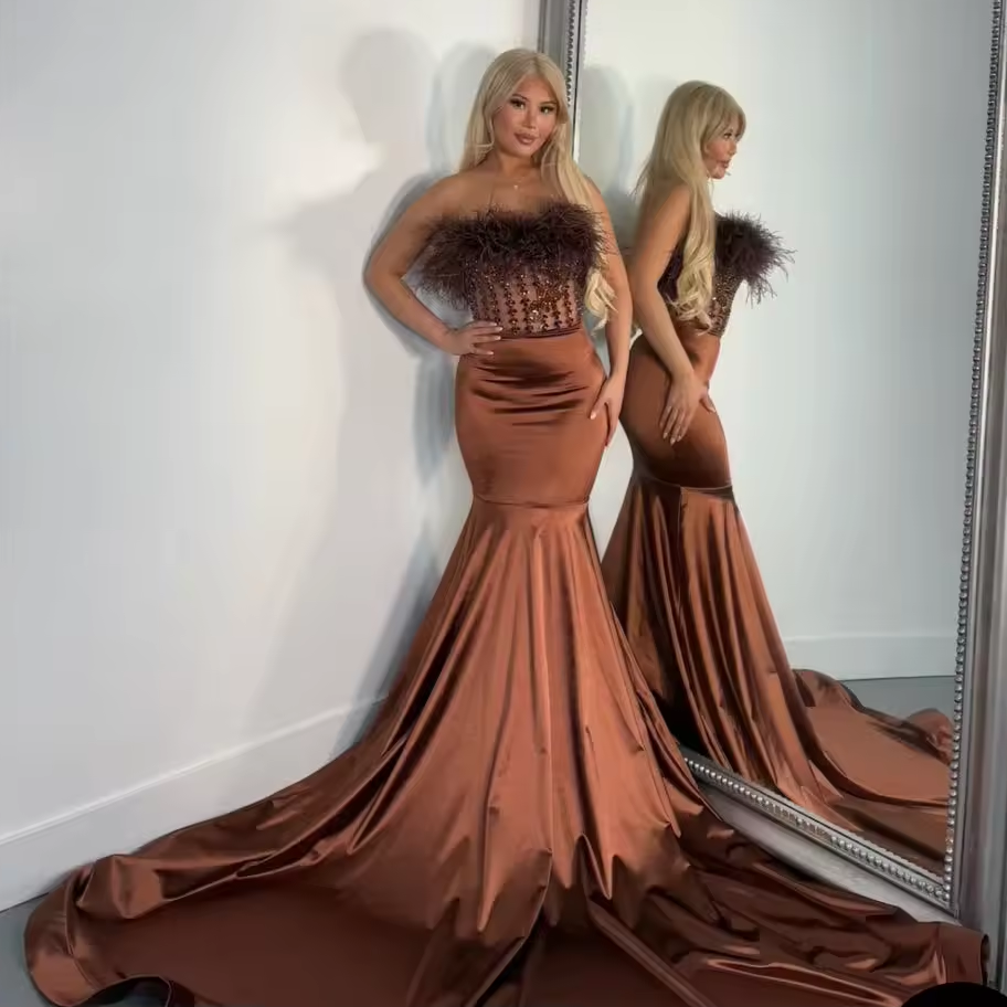 brown revolve dress Deep V-Neck Spaghetti Straps Off-Shoulder Fitted Prom Dress Sleeveless –  SQOSA main image 1