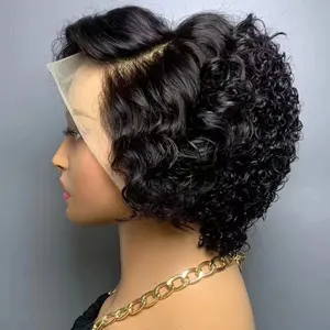 Peluca de cabello humano Remy para mujeres negras, pelo corto con rizos Pixie HD, corte Pixie, con encaje frontal