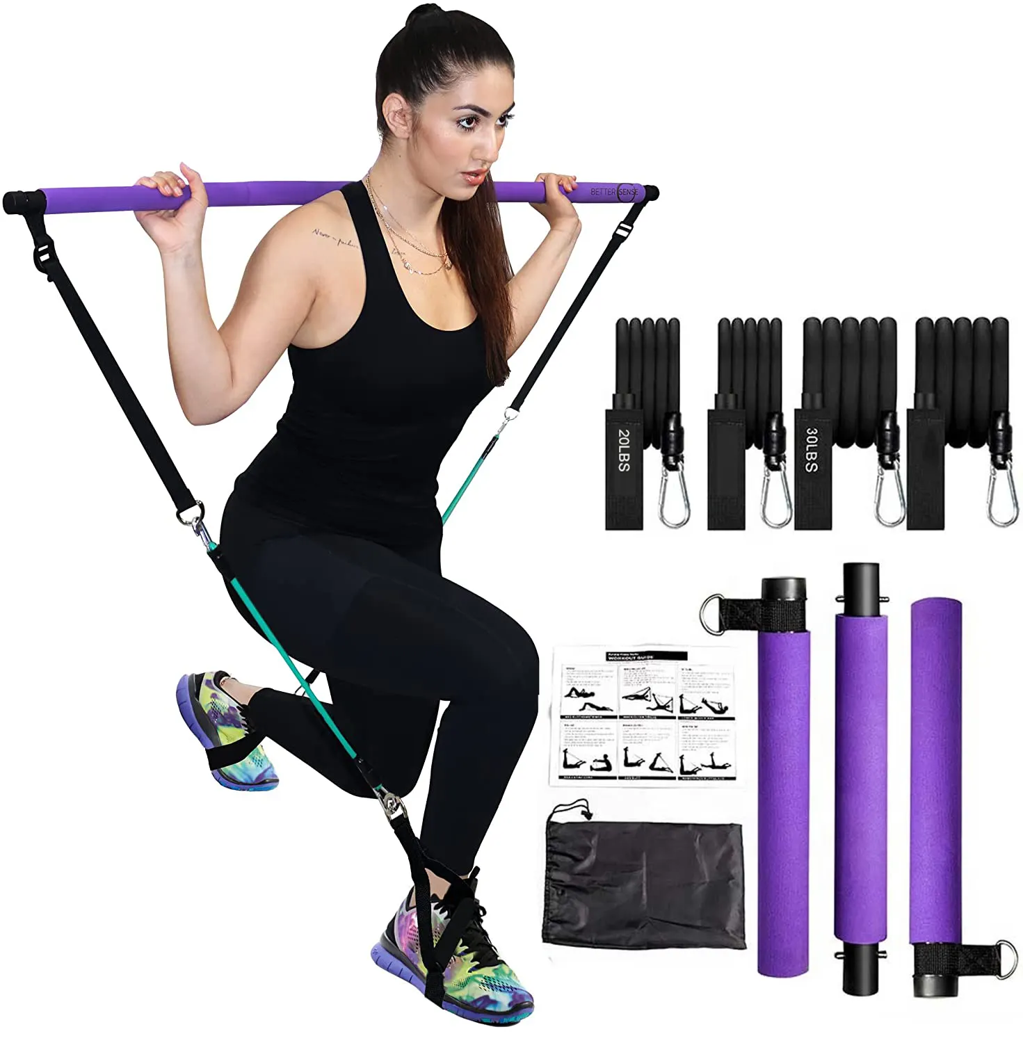 Tragbares Pilates Bar Kit mit Widerstands bändern/Fitness-Yoga-Übungs stange/verstellbarer 3-teiliger Pilates Bar Stick