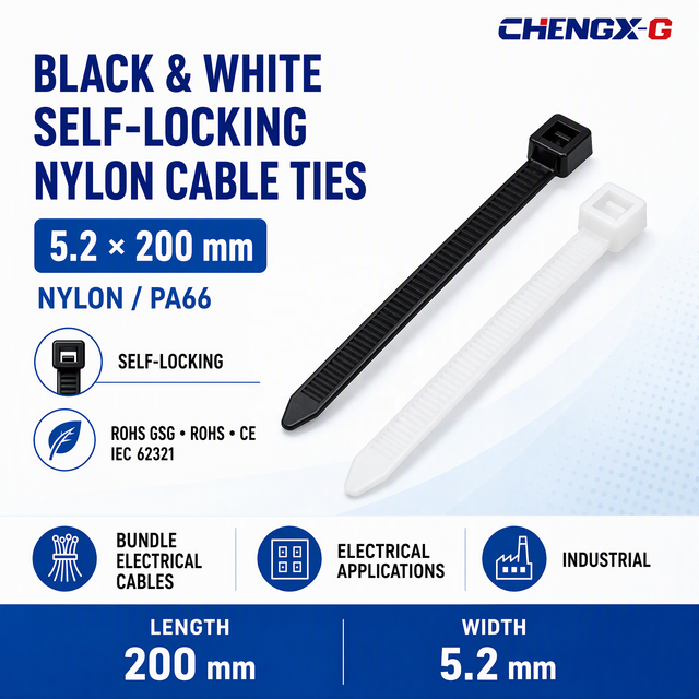 Wholesale 5.2x200mm Black and White Nylon 66 Cable Ties Self Locking UV Resistant for Wire Management