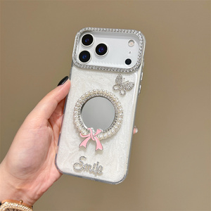 Custodia per Telefono con Cornice a Specchio Diamantata, Sfondo Bianco con Specchio Rotondo, Decorazioni con Farfalle, Lettere e Corona <span class=keywords><strong>di</strong></span> Perle - Product Image 3