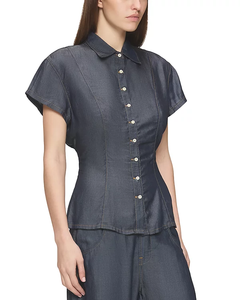 <span class=keywords><strong>Blusa</strong></span> de Mezclilla Tencel Azul Oscuro Vintage para Mujer, Cuello Camisero, Manga Corta, Corte Corsé, Abotonada, para Uso Diario Informal - Product Image 3