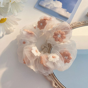 Zoete Borduren Bloemen Mesh <span class=keywords><strong>Scrunchies</strong></span> Vrouwen Romantische Roze Blauw Haar Touw Transparante Tule Organza Haar Banden Haaraccessoires