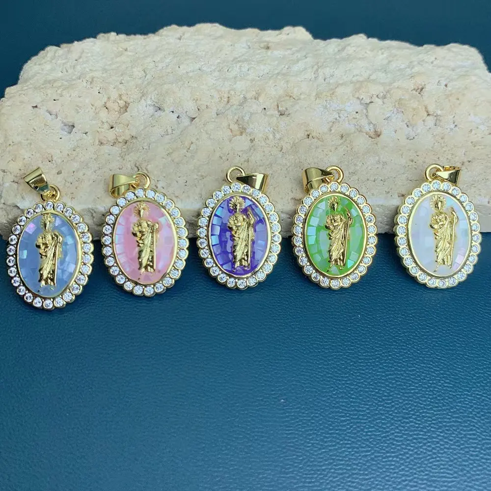 Nosso colar virgem de ganalupe, colar para mulheres zircônia azul verde rosa pingente de concha jóias religião holy