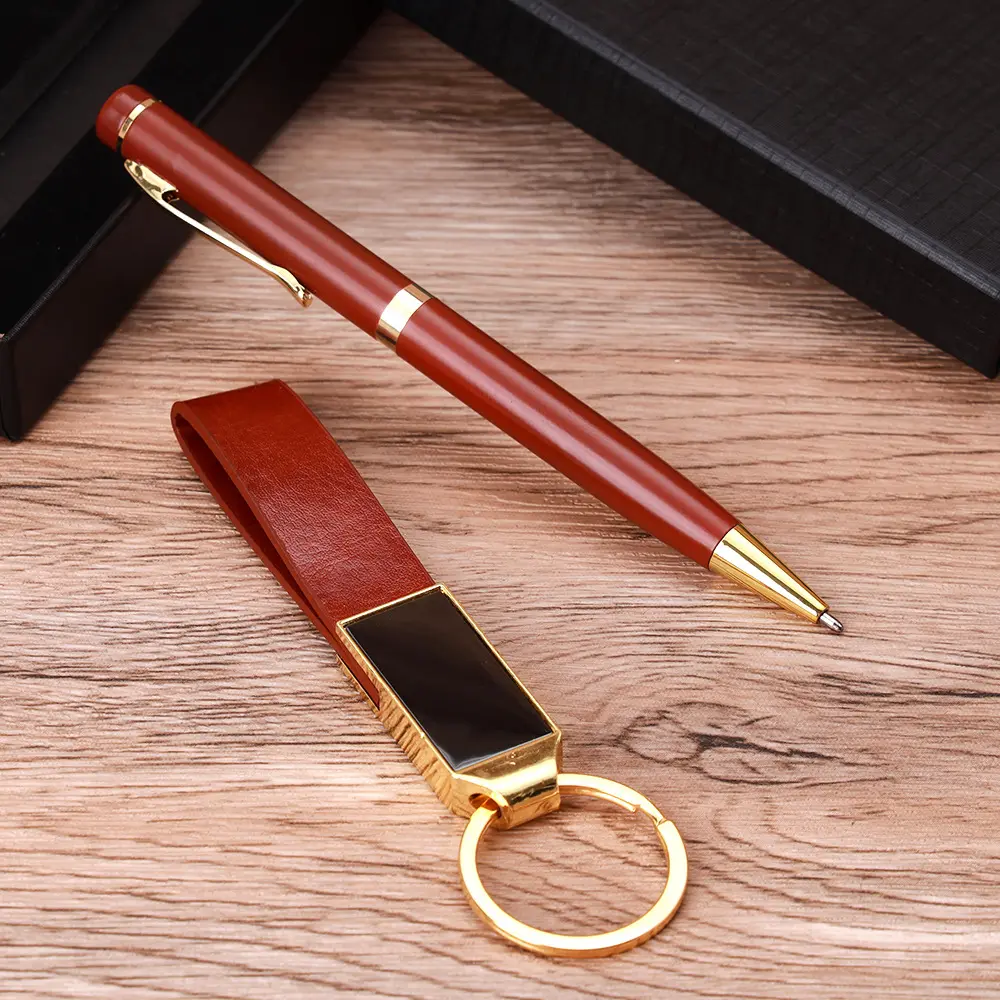 2pcs Set Business Gift Set Custom Logo PU leather Keychains And Pen Corporate Gifts New Product Idea 2024
