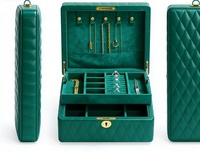 Boîte de présentation de bijoux en cuir matelassé vert émeraude de luxe avec éclairage LED, organisateur durable multi-niveaux pour bagues, colliers et montres